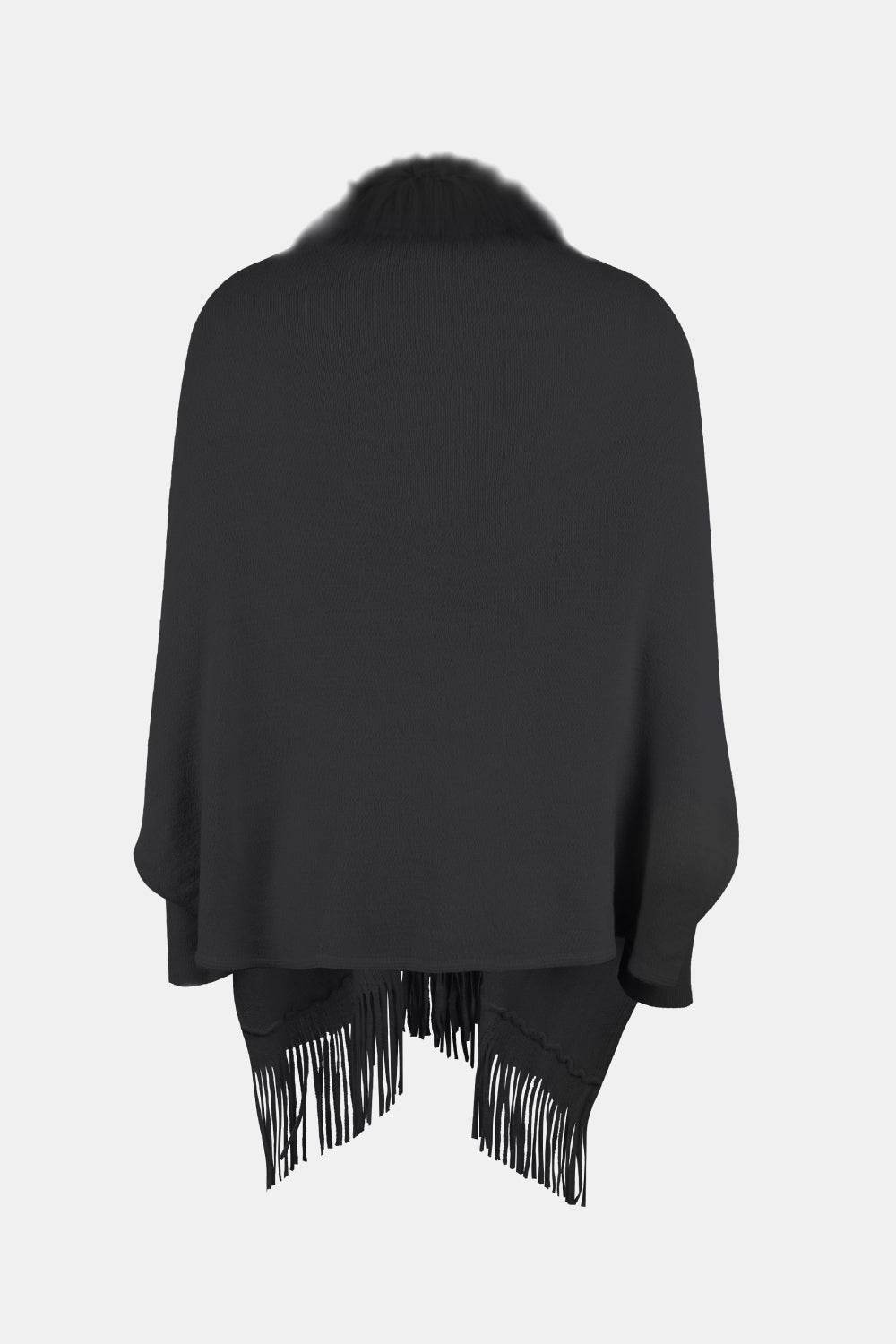 Fringe Open Front Long Sleeve Poncho - Delanoir