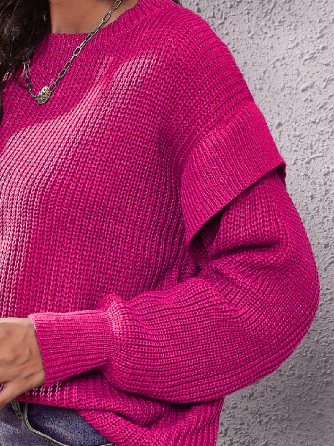 Ruffled Round Neck Dropped Shoulder Sweater - Delanoir