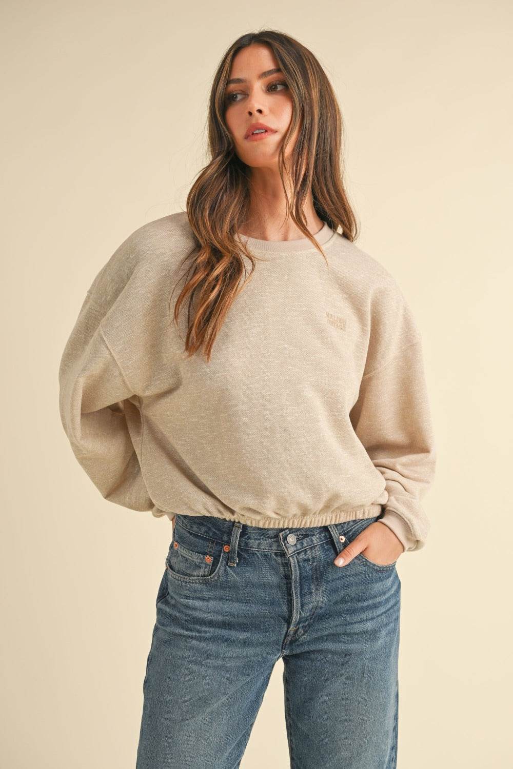 Mable Round Neck Letter Embroidery Crop Sweatshirt - Delanoir