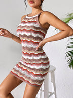 Openwork Striped Spaghetti Strap Knit Dress - Delanoir