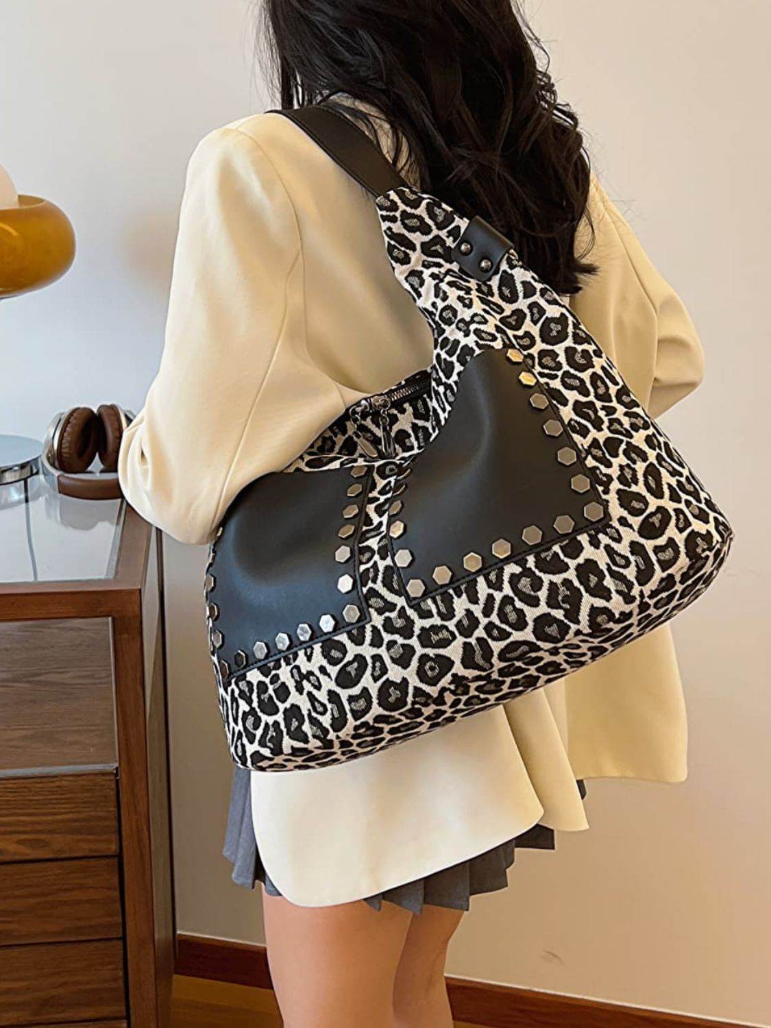 Leopard Polyester Shoulder Bag with Zippers - Delanoir