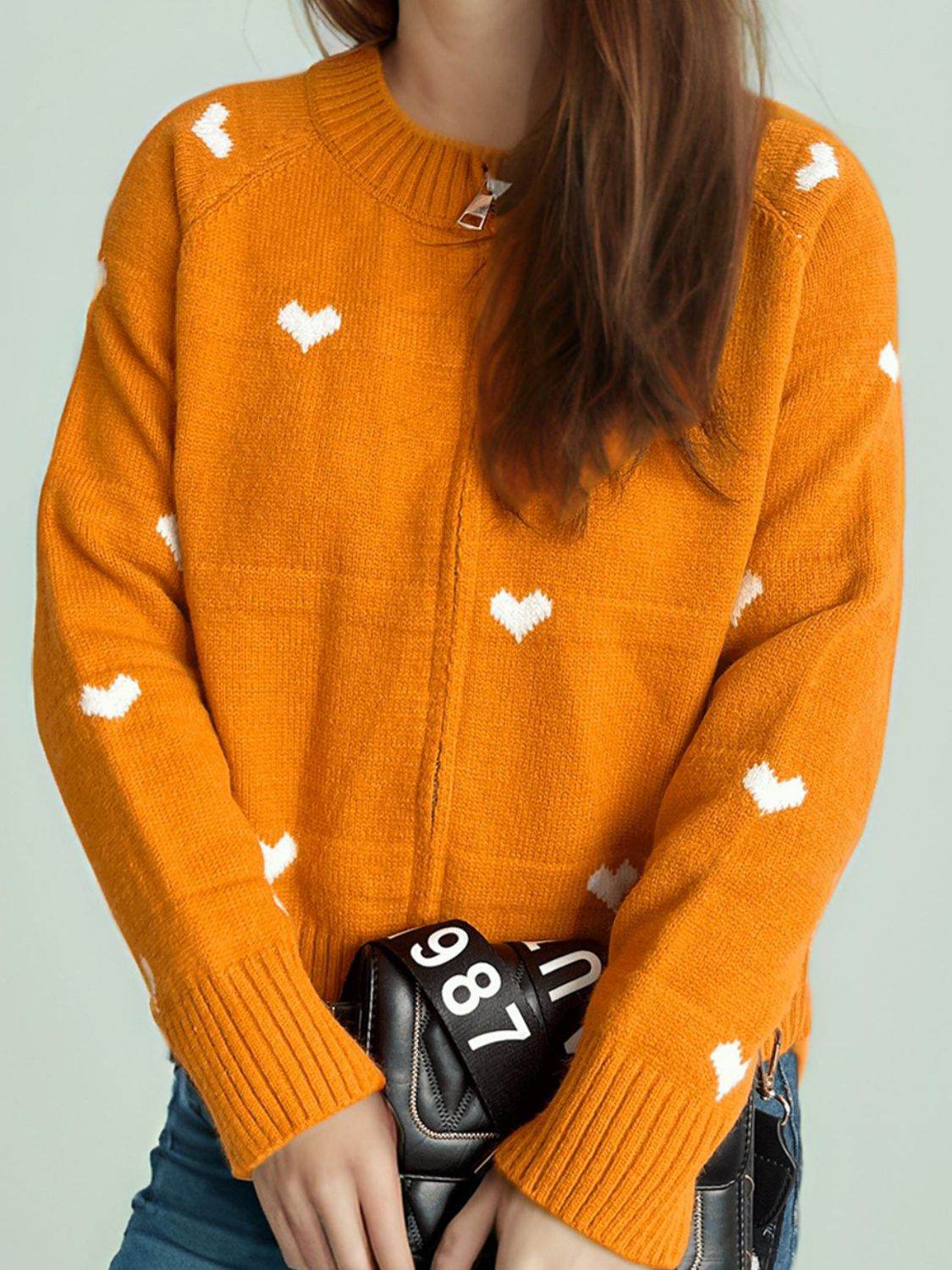 Heart Round Neck Zip Up Cardigan - Delanoir