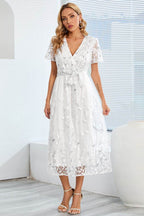Sequin Leaf Embroidery Tie Front Short Sleeve Dress - Delanoir