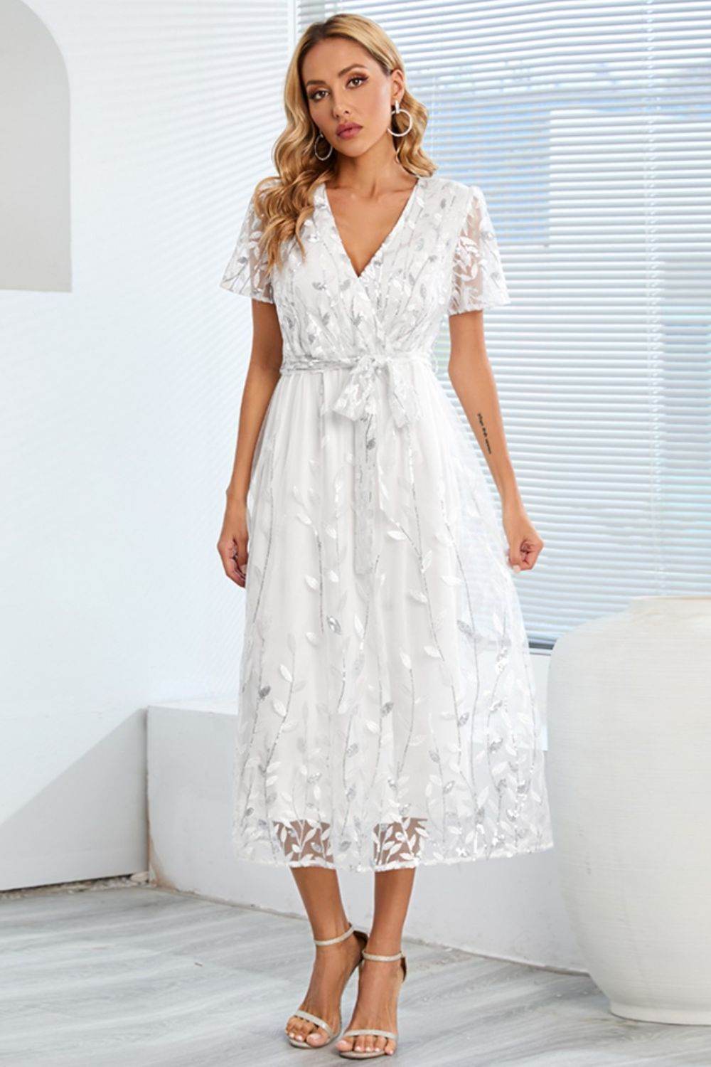 Sequin Leaf Embroidery Tie Front Short Sleeve Dress - Delanoir