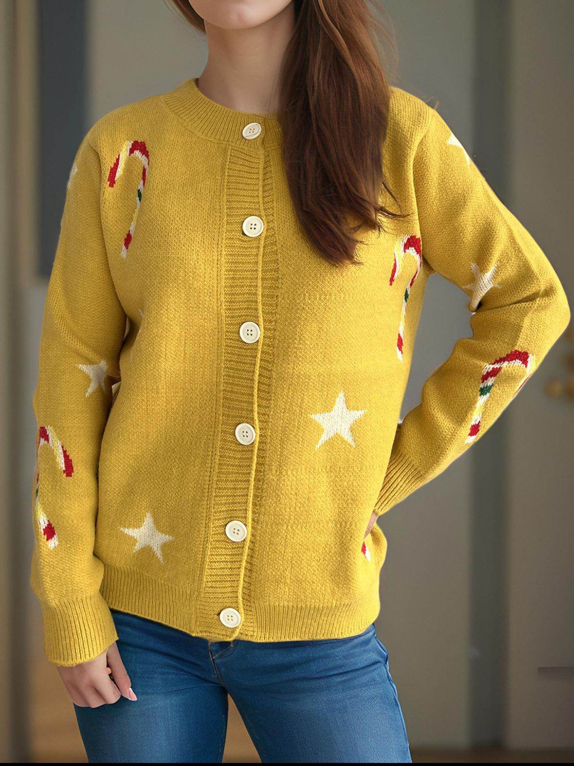 Candy Cane & Star Button Down Long Sleeve Cardigan - Delanoir