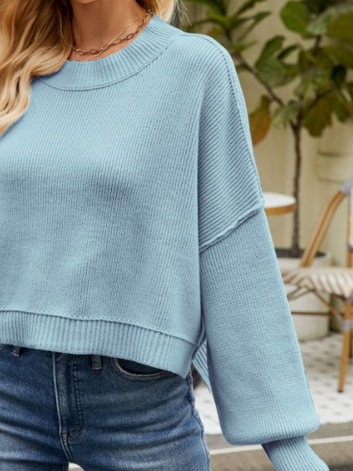 Round Neck Lantern Sleeve Sweater - Delanoir