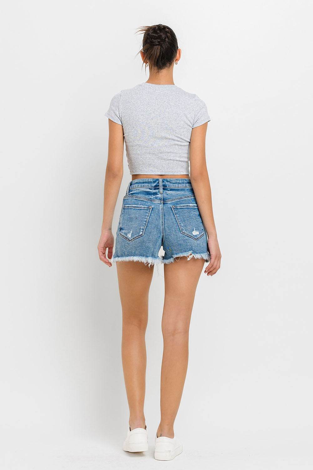 Lovervet Stepped Waist Raw Hem Denim Shorts - Delanoir