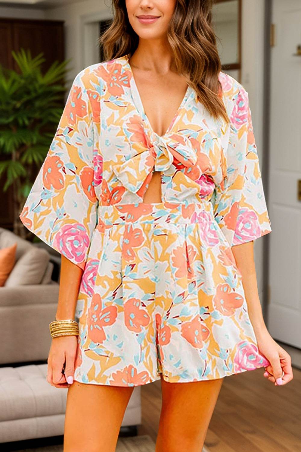 Tied Printed Half Sleeve Romper - Delanoir