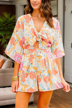 Tied Printed Half Sleeve Romper - Delanoir