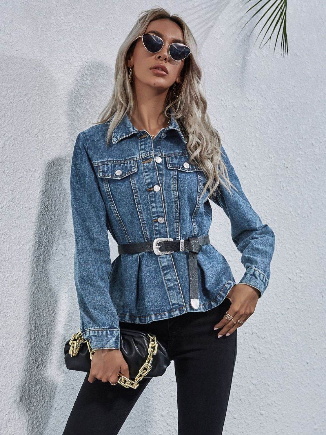 Peplum Collared Neck Long Sleeve Denim Top - Delanoir