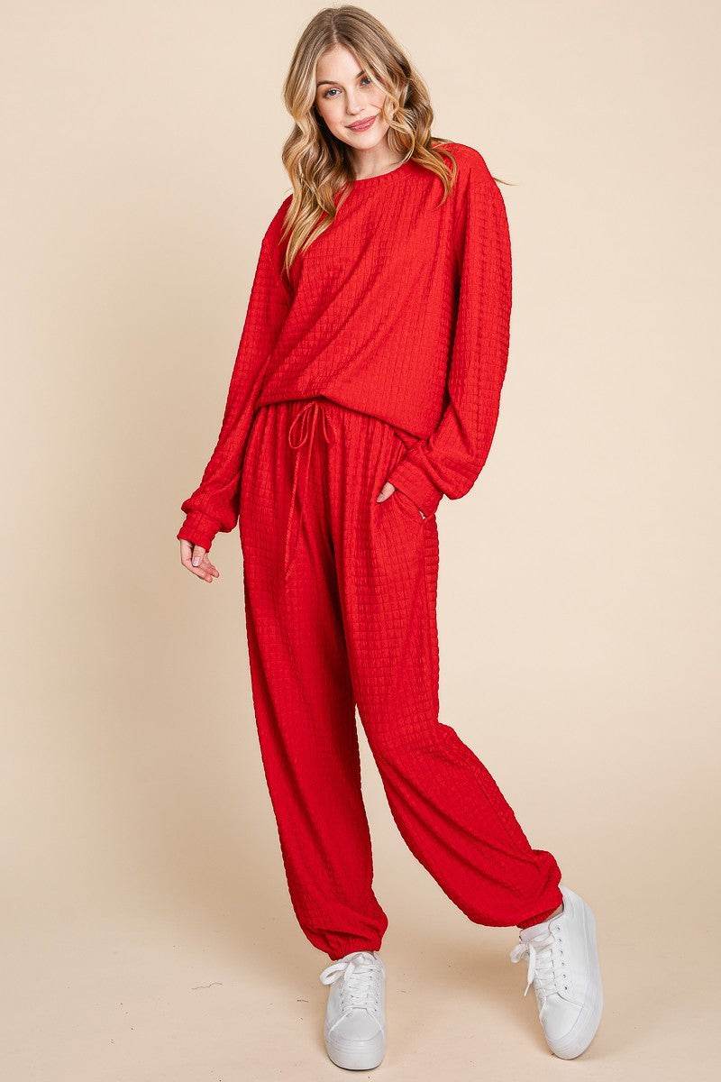 Super Lady Full Size Crinkle Check Round Neck Top and Pants Lounge Set - Delanoir