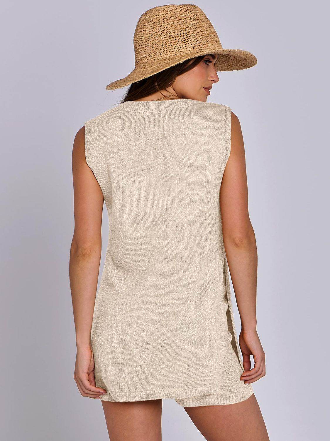 Mandy Side Slit Round Neck Tank and Shorts Sweater Set - Delanoir