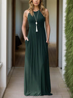 Pocketed Round Neck Sleeveless Dress - Delanoir