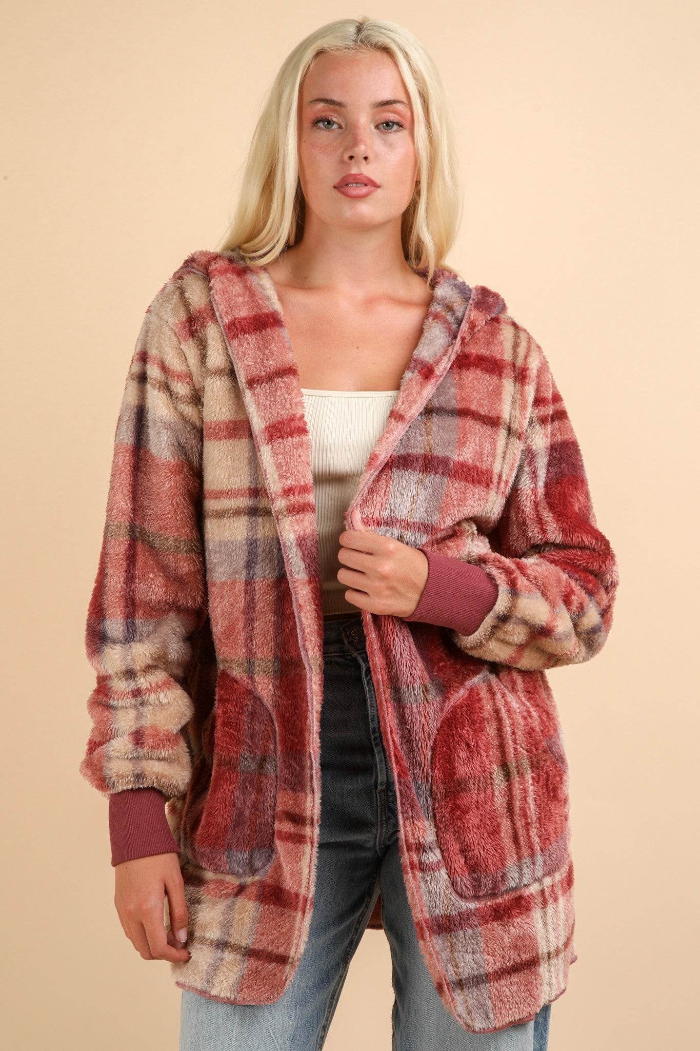 VERY J Fuzzy Plaid Long Sleeve Hooded Jacket - Delanoir