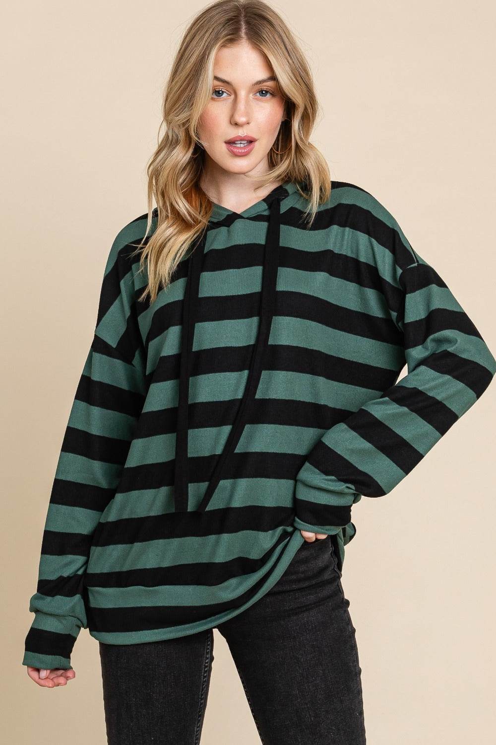 BOMBOM Drawstring Striped Dropped Shoulder Hoodie - Delanoir