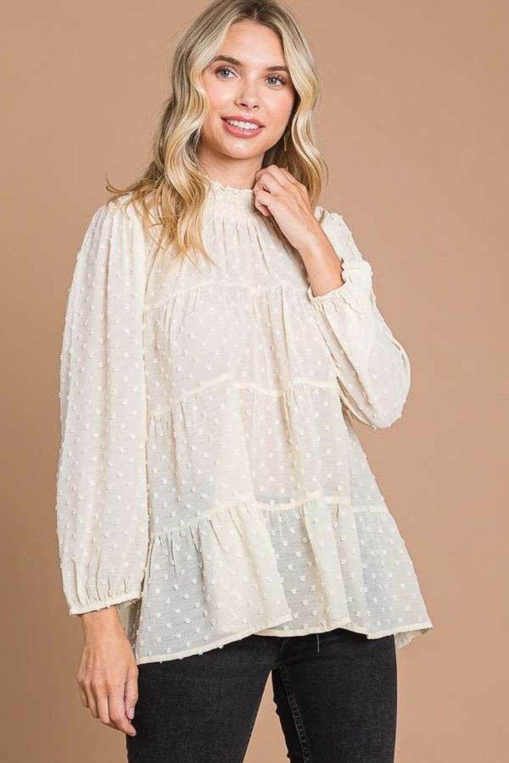 Culture Code Full Size Swiss Dot Smocked Mock Neck Blouse - Delanoir