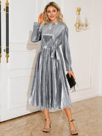 Tie Waist Long Sleeve Midi Dress - Delanoir