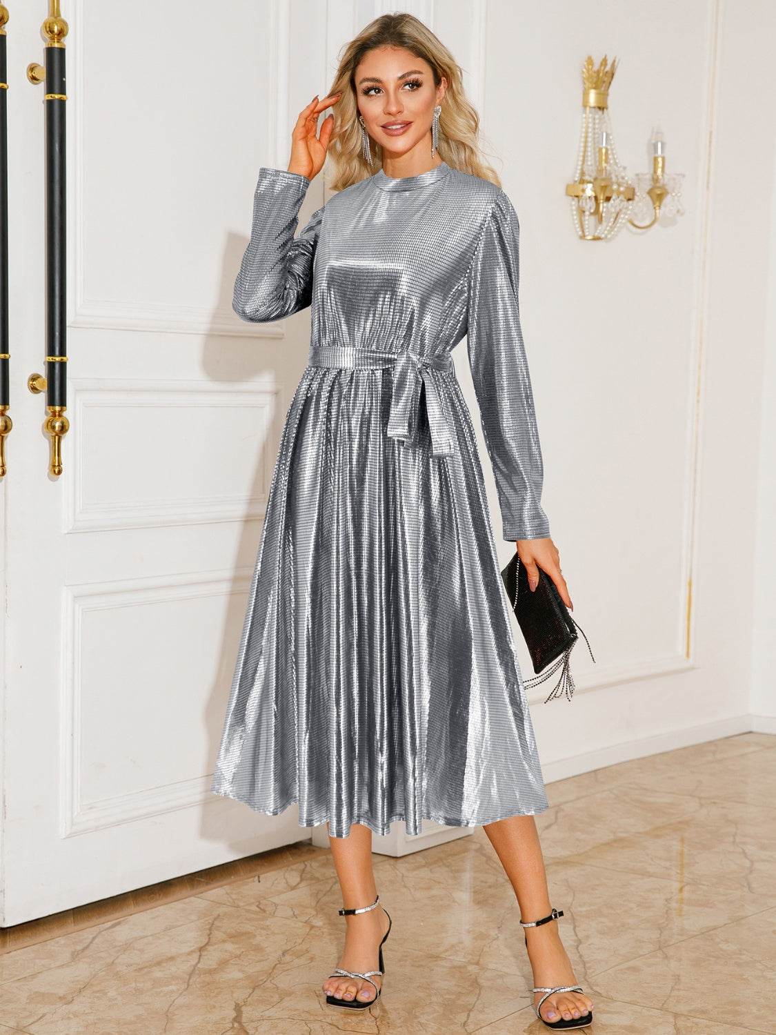 Tie Waist Long Sleeve Midi Dress - Delanoir