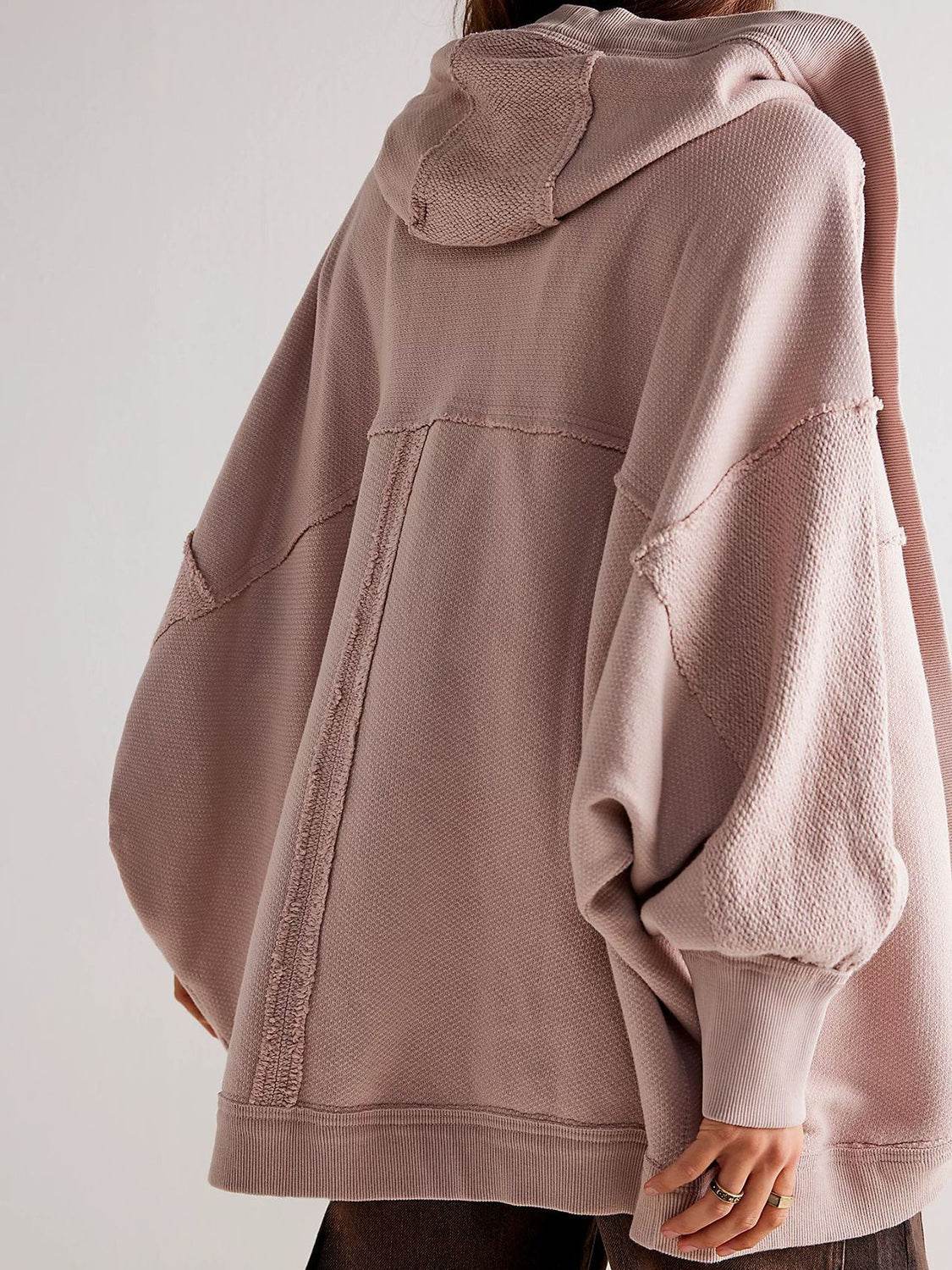 Exposed Seam Open Front Batwing Sleeve Hooded Cardigan - Delanoir