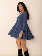 Cutout Johnny Collar Long Sleeve Mini Dress - Delanoir