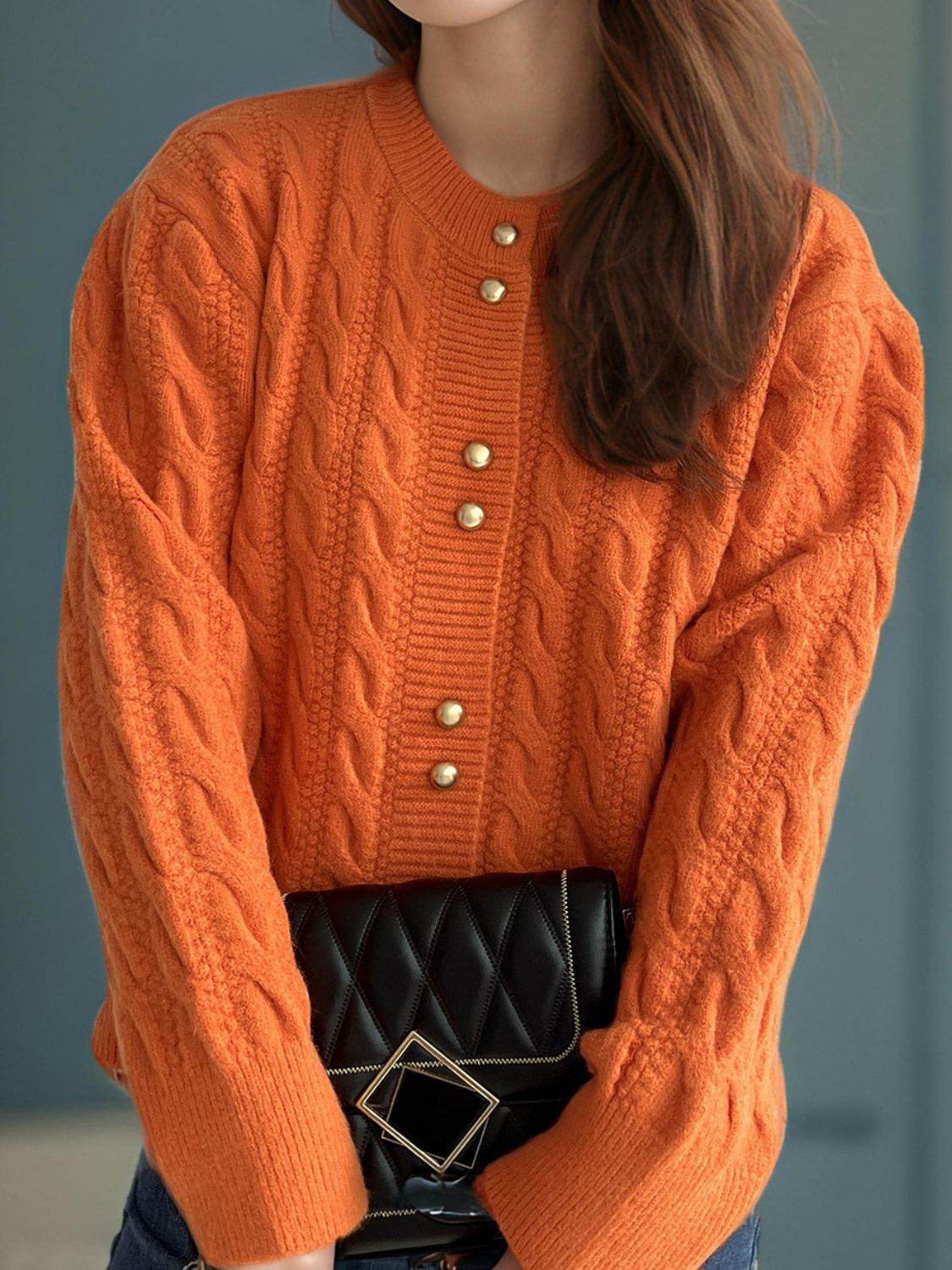 Cable-Knit Round Neck Long Sleeve Cardigan - Delanoir