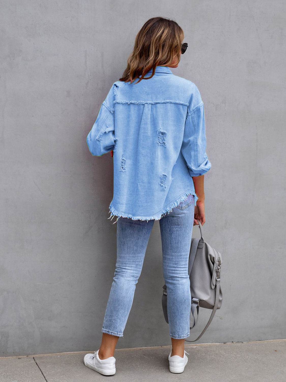 Distressed Drop Shoulder Denim Jacket - Delanoir