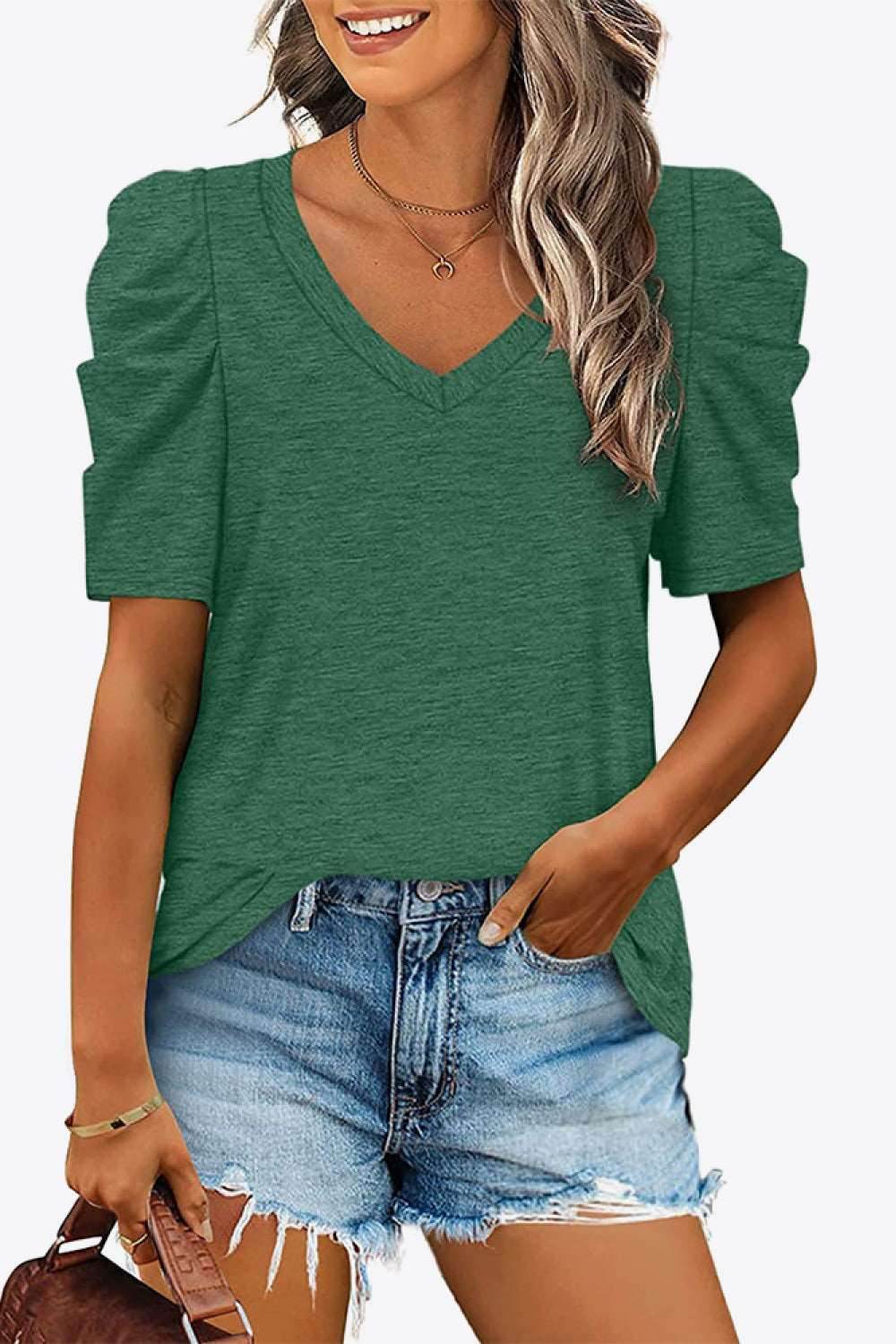 V-Neck Puff Sleeve Tee - Delanoir