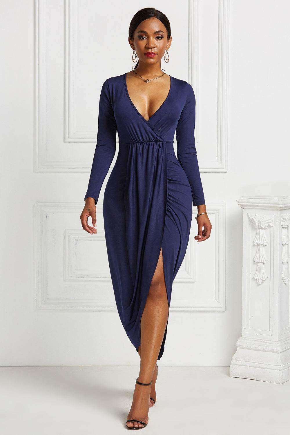 High-low Ruched Surplice Long Sleeve Dress - Delanoir