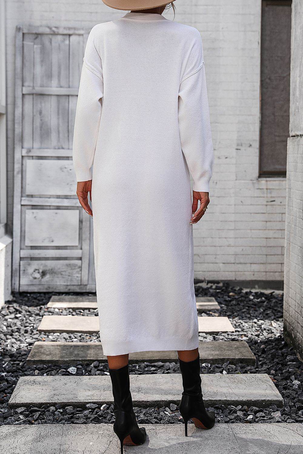 Decorative Button Notched Dropped Shoulder Sweater Dress - Delanoir