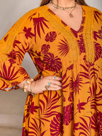 Plus Size Lace Detail Printed V-Neck Maxi Dress - Delanoir