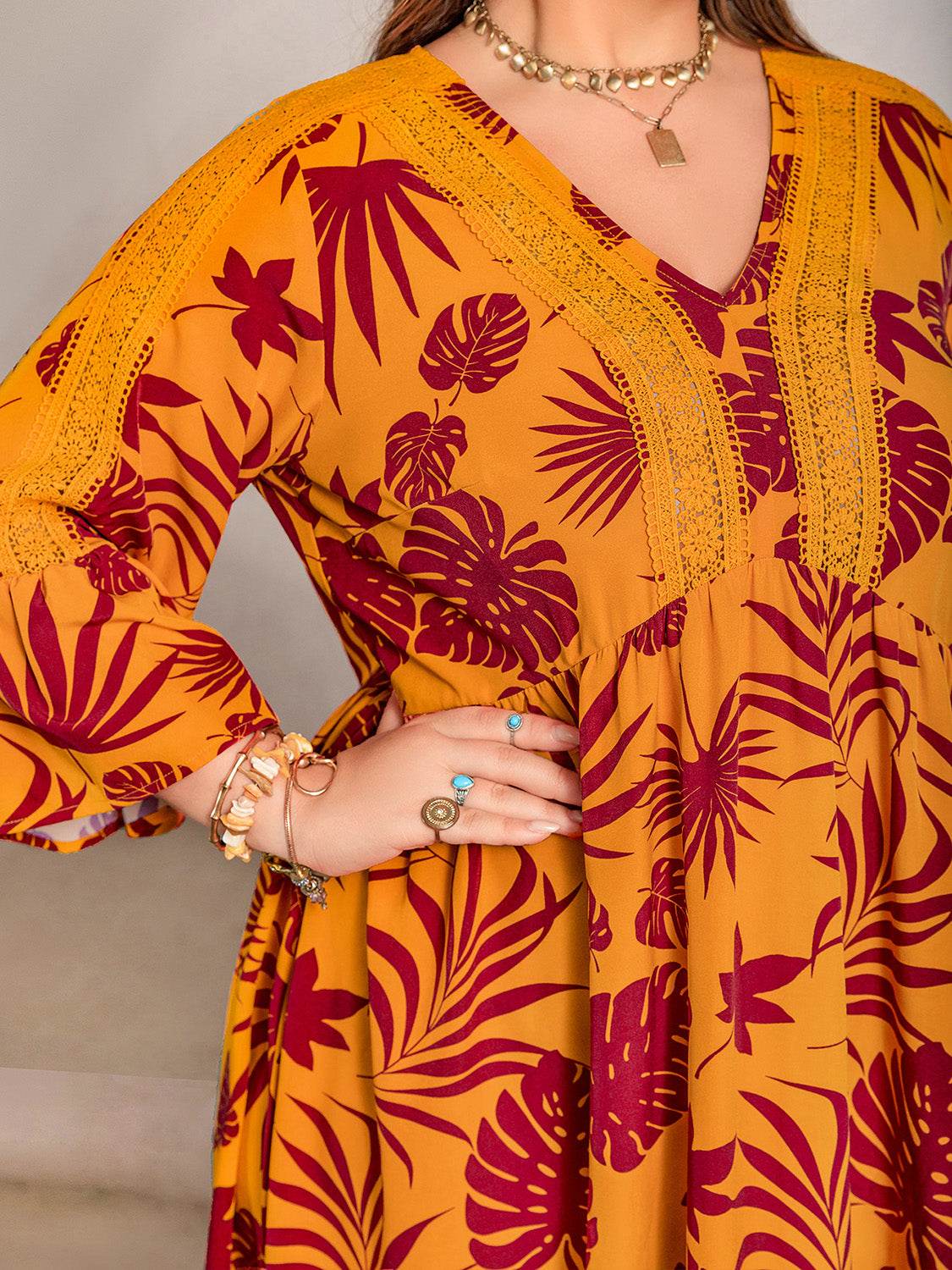 Plus Size Lace Detail Printed V-Neck Maxi Dress - Delanoir