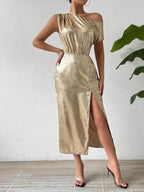 Honey Slit One Shoulder Short Sleeve Midi Dress - Delanoir