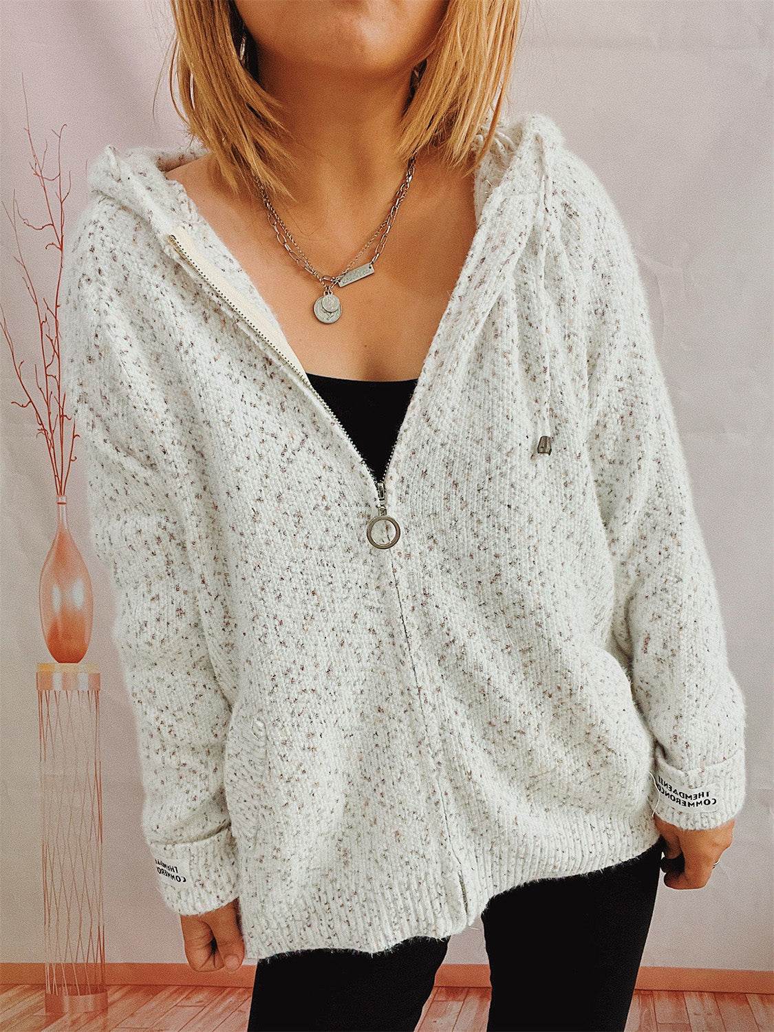 Zip Up Drawstring Long Sleeve Hooded Sweater - Delanoir