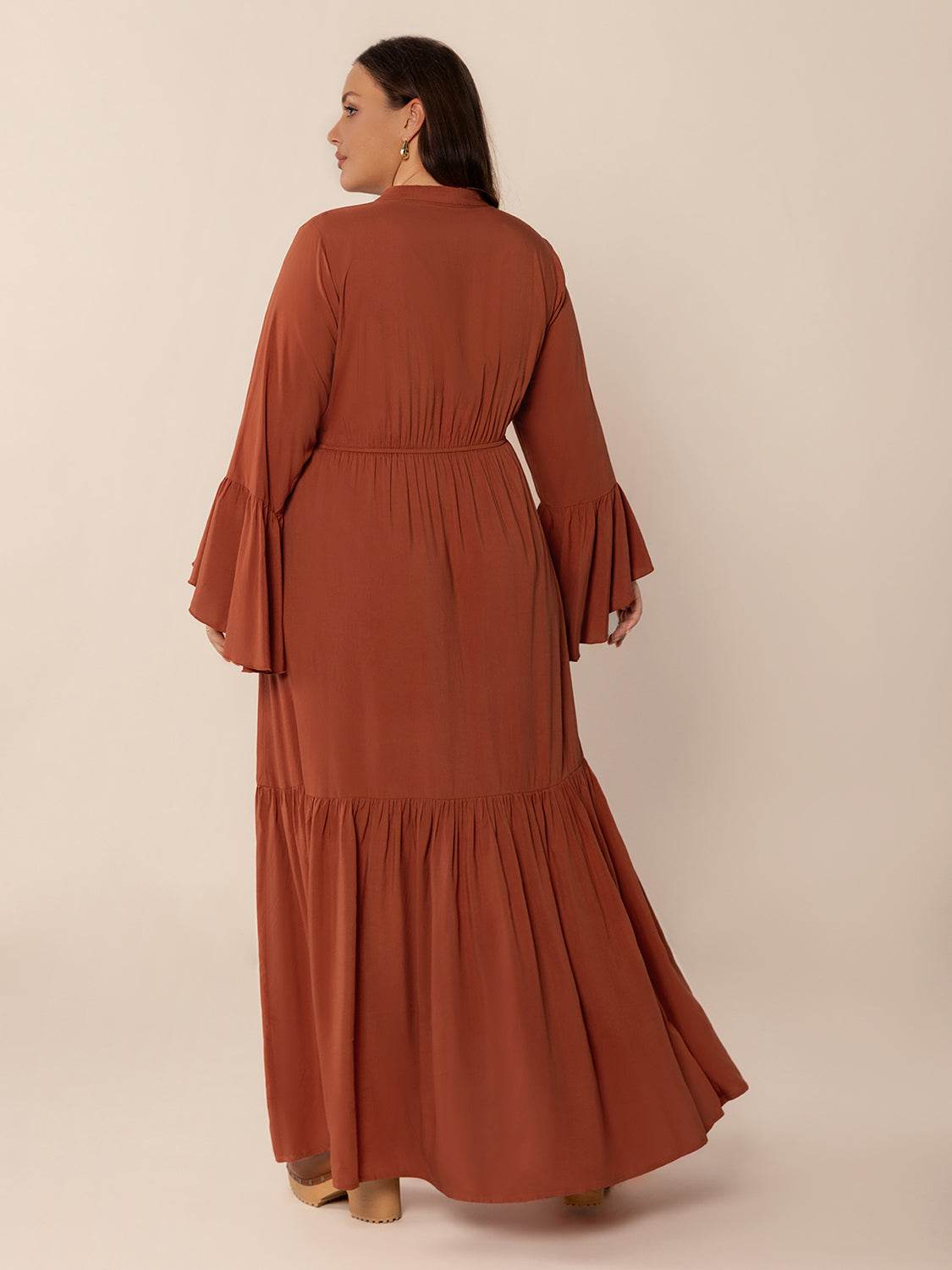 Plus Size Ruffled Notched Long Sleeve Midi Dress - Delanoir