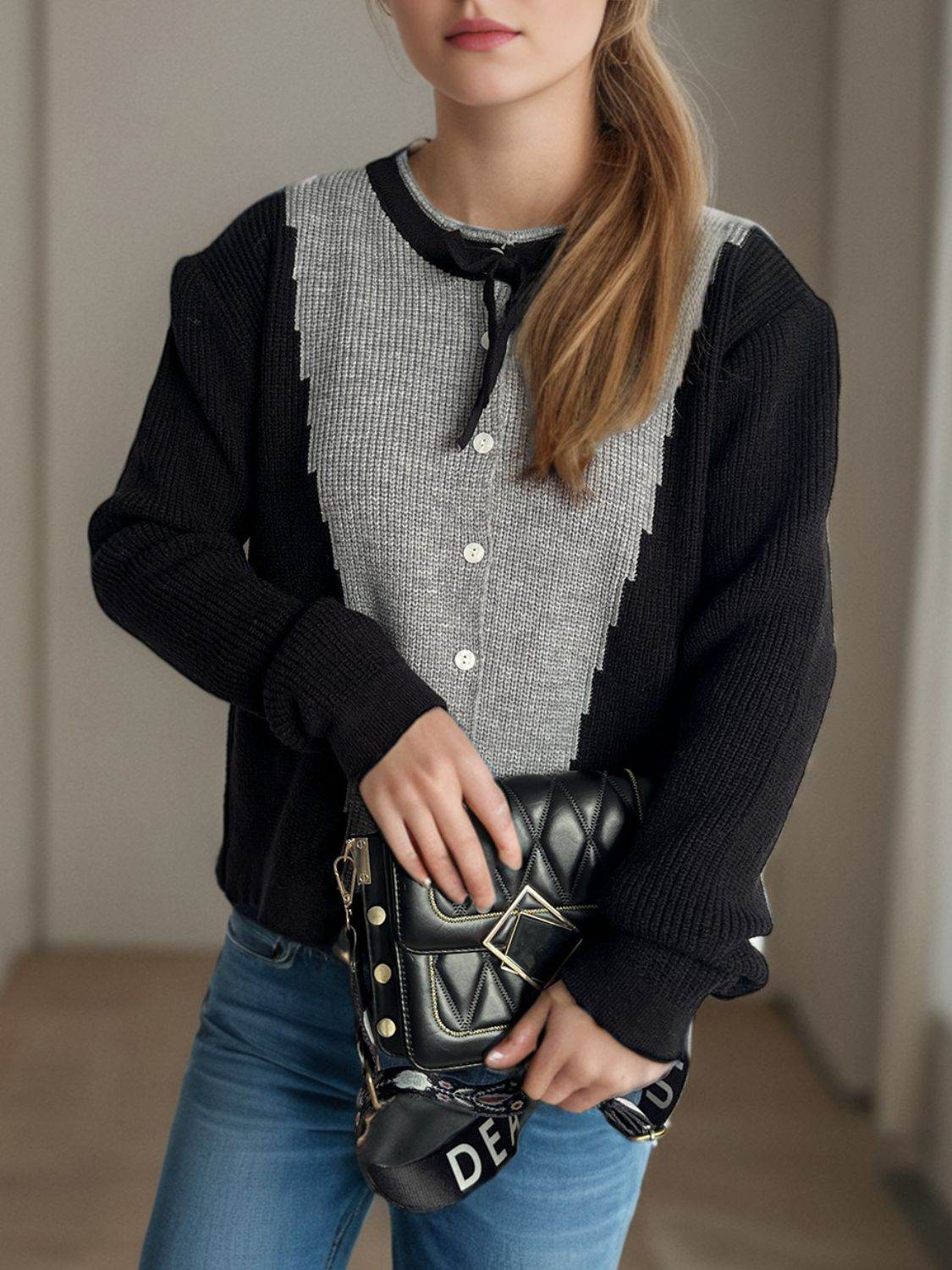 Contrast Button Down Long Sleeve Cardigan - Delanoir