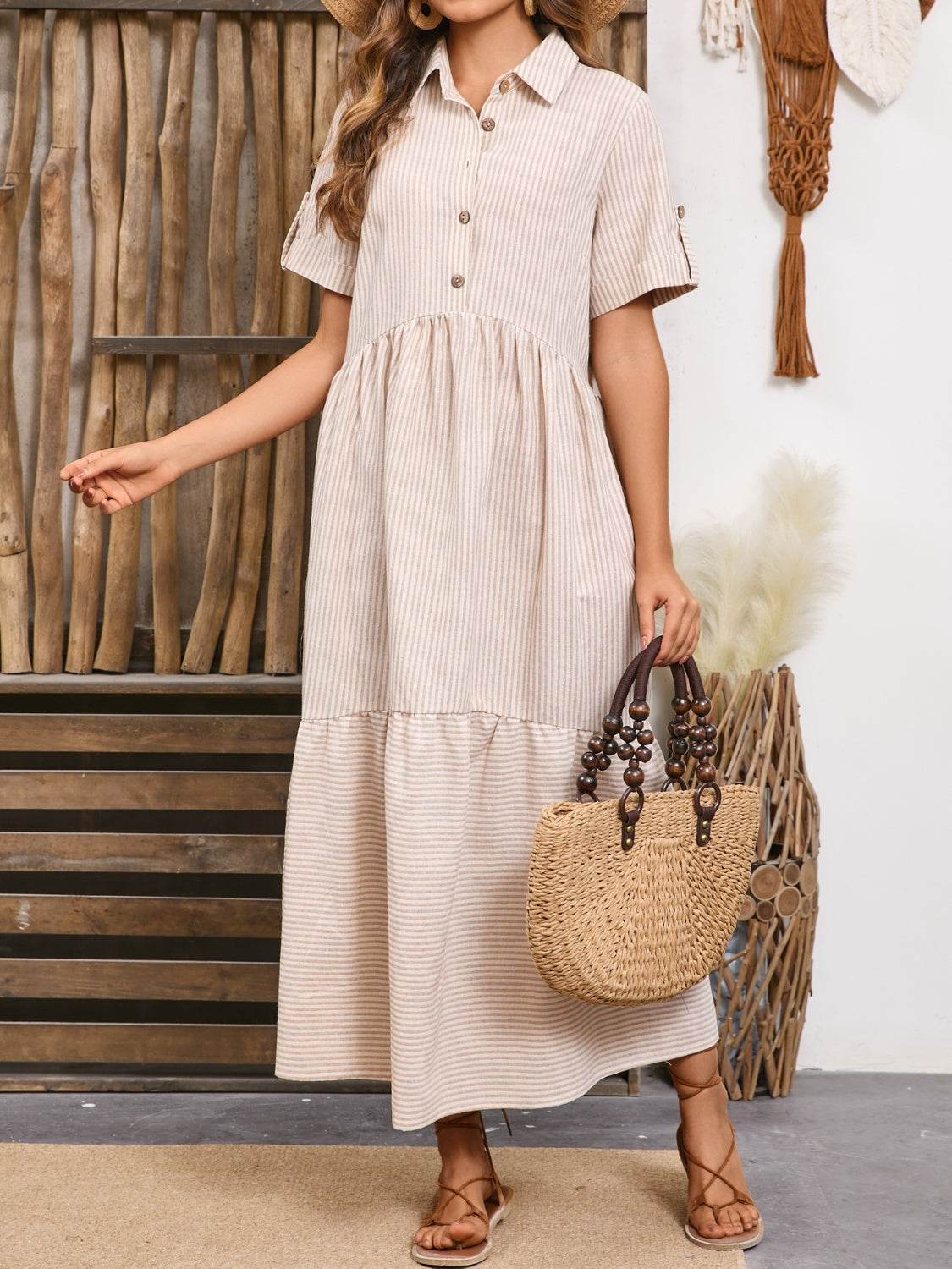 Striped Collared Neck Short Sleeve Dress - Delanoir