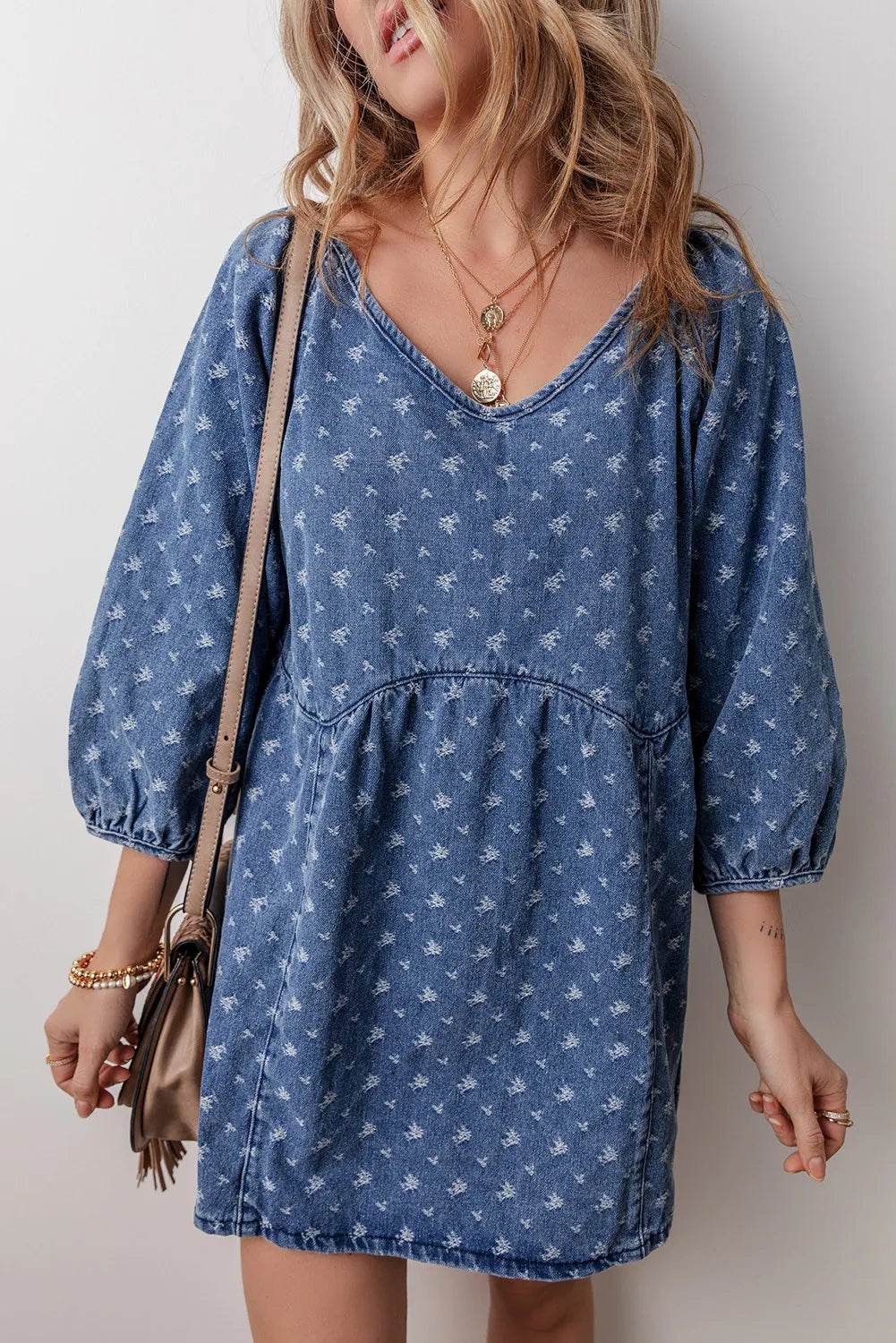 Tied V-Neck Mini Denim Dress - Delanoir