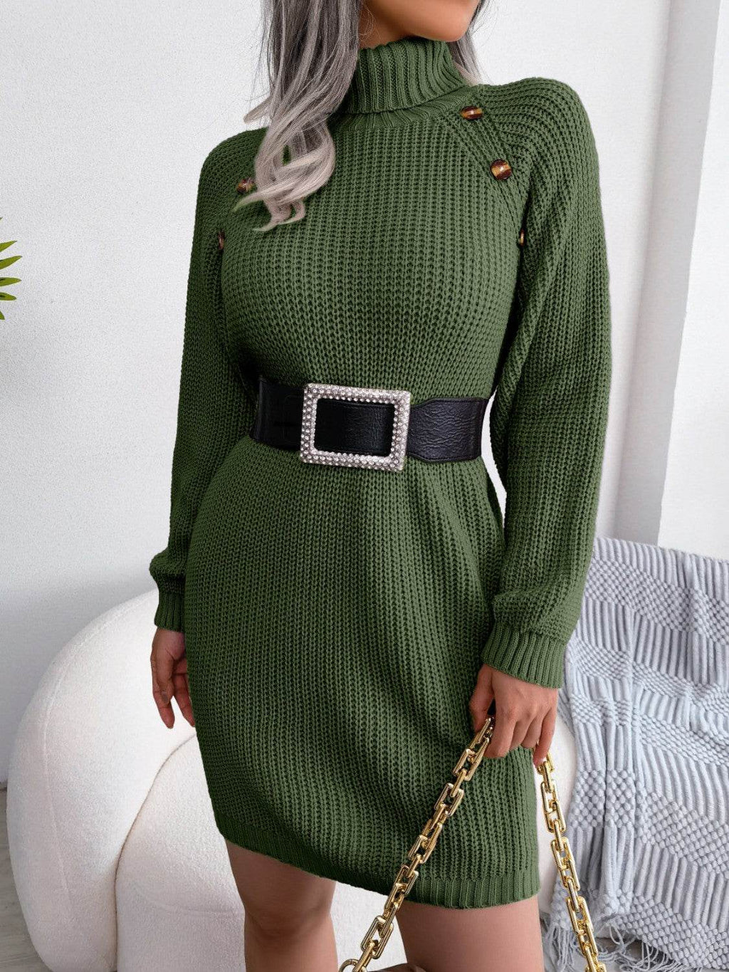 Decorative Button Turtleneck Sweater Dress - Delanoir