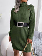 Decorative Button Turtleneck Sweater Dress - Delanoir