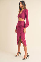 MABLE Front Twisted Knit Top and Midi Skirt Set - Delanoir