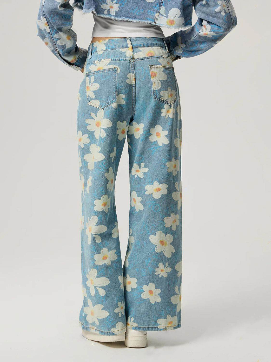 Pocketed Floral Wide Leg Jeans - Delanoir