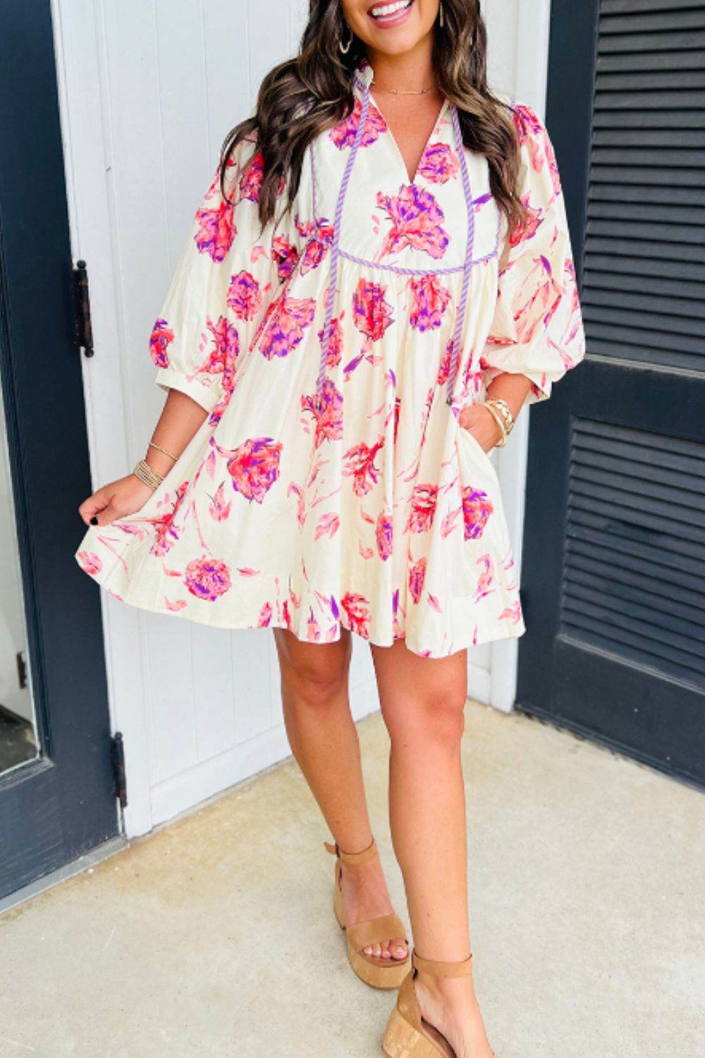 Tied Flower Printed Three-Quarter Sleeve Dress - Delanoir
