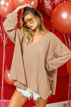 BiBi V-Neck Waffle Uneven Hem Top - Delanoir