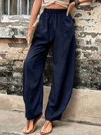 Elastic Waist Pants with Pockets - Delanoir