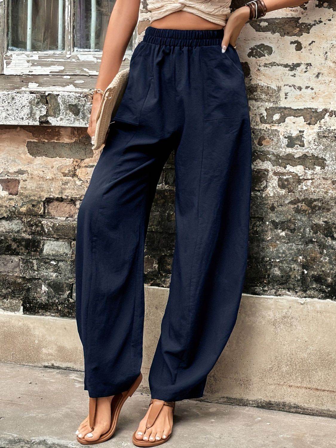 Elastic Waist Pants with Pockets - Delanoir