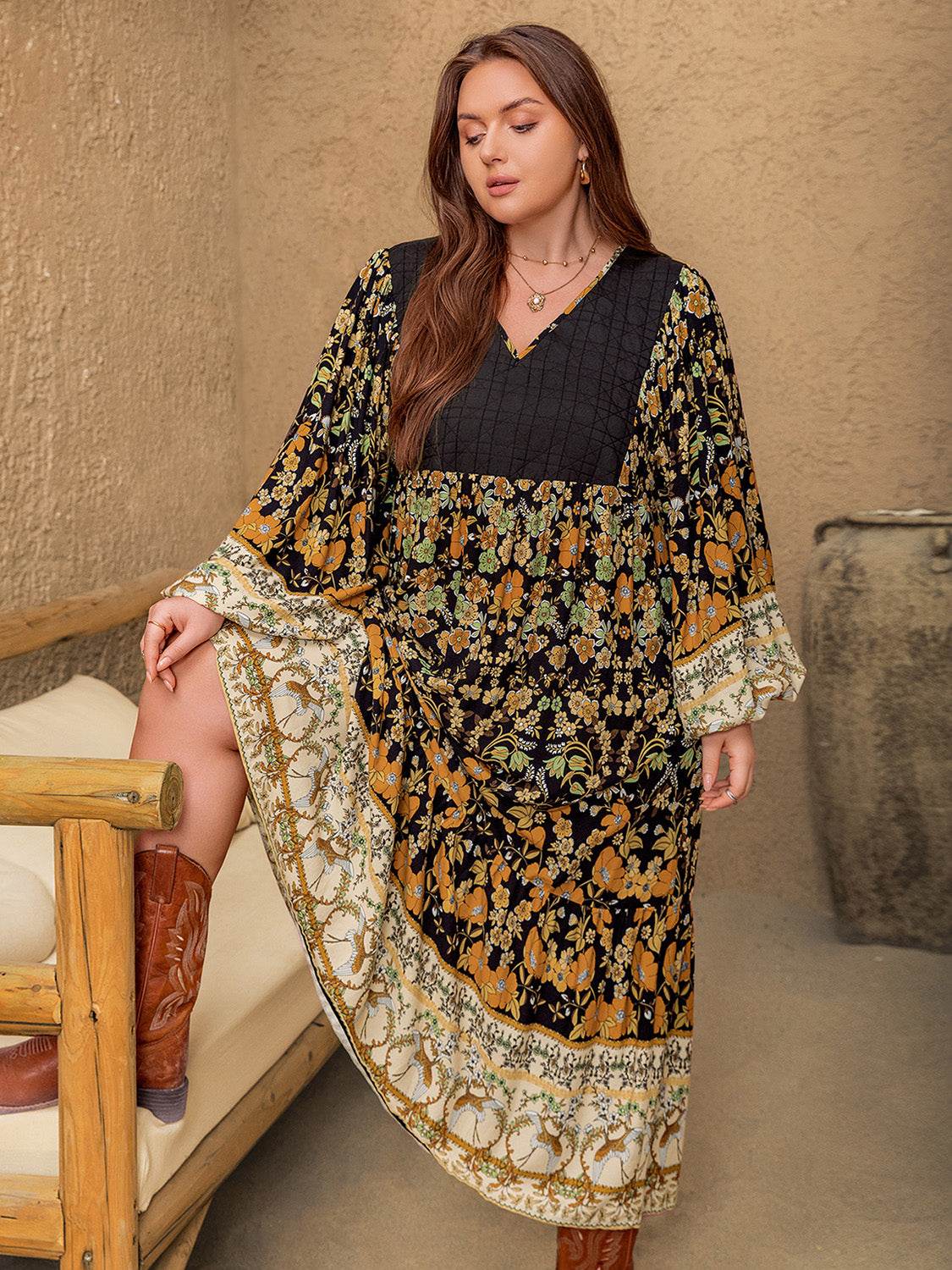 Plus Size Floral V-Neck Balloon Sleeve Midi Dress - Delanoir