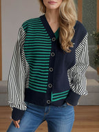 Striped Button Down Long Sleeve Cardigan - Delanoir