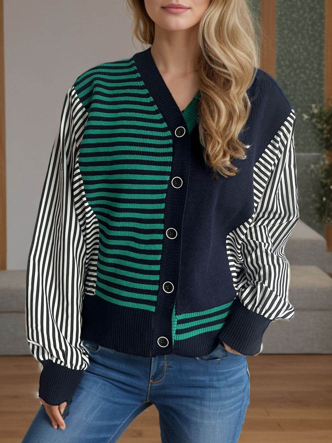 Striped Button Down Long Sleeve Cardigan - Delanoir