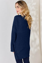 Basic Bae Full Size Ribbed Half Button Long Sleeve High-Low T-Shirt - Delanoir
