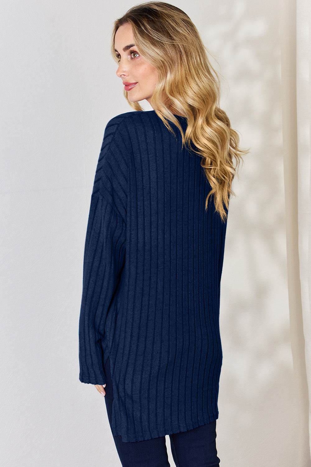 Basic Bae Full Size Ribbed Half Button Long Sleeve High-Low T-Shirt - Delanoir